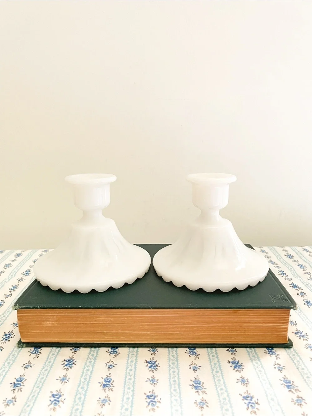 Vintage White Milk Glass Taper Candle Holders Pair - Scalloped Pie Crust Base